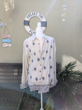 Robert Graham Button Shirt Men White Linen XL Long Sleeve Flip Cuffs Embroidered